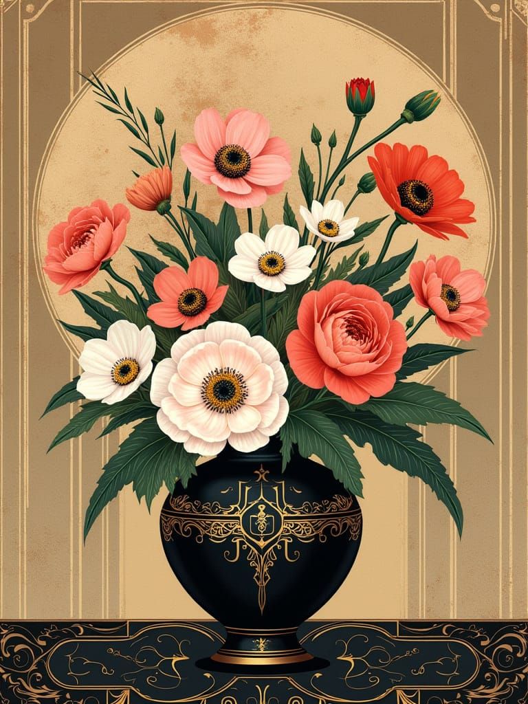 Ranunculus and Anemone Bouquet in Art Deco Ukiyo-e Style