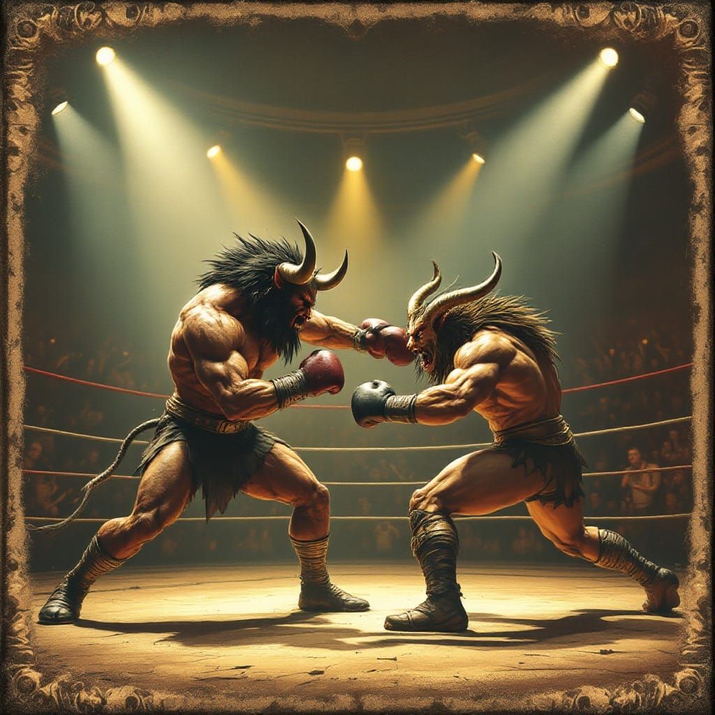 Minotaur vs Centaur Boxing Match Vintage Poster