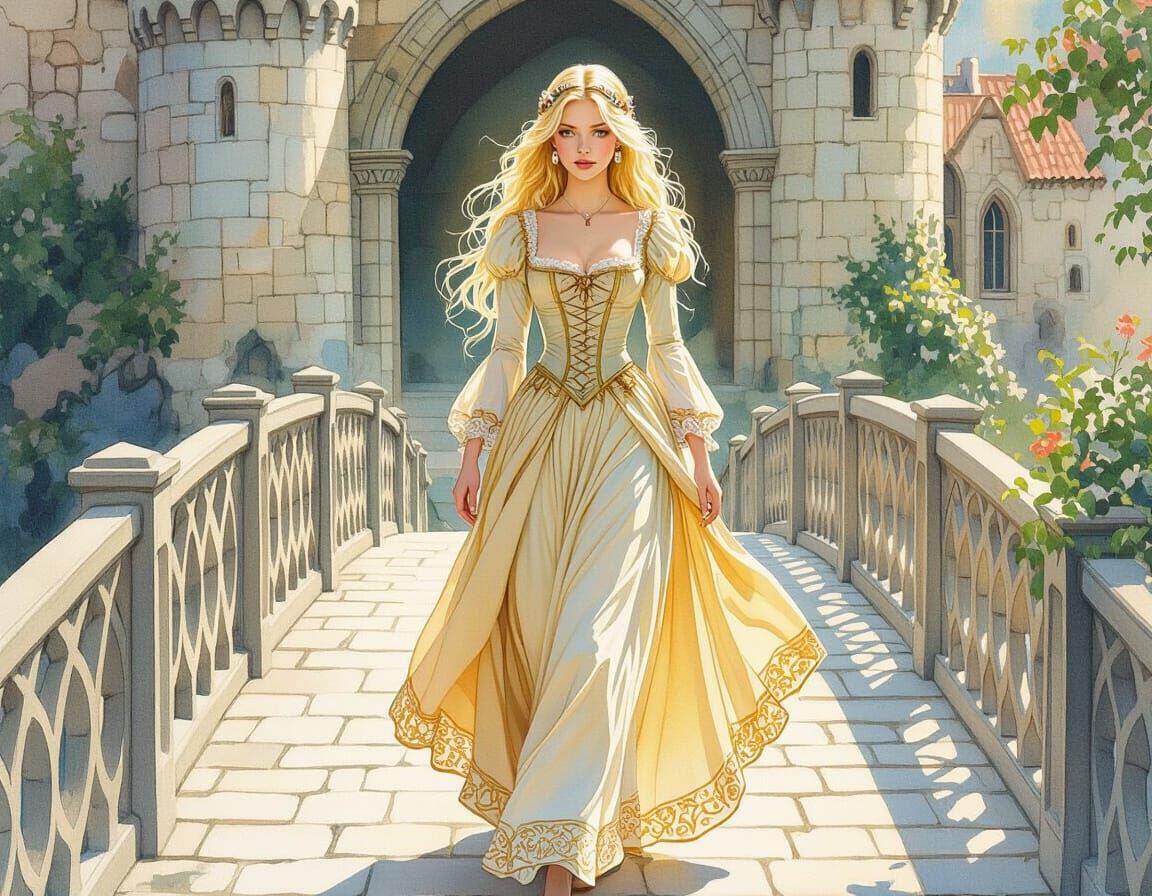 Fairytale Blonde in Medieval Dress, Watercolor Style