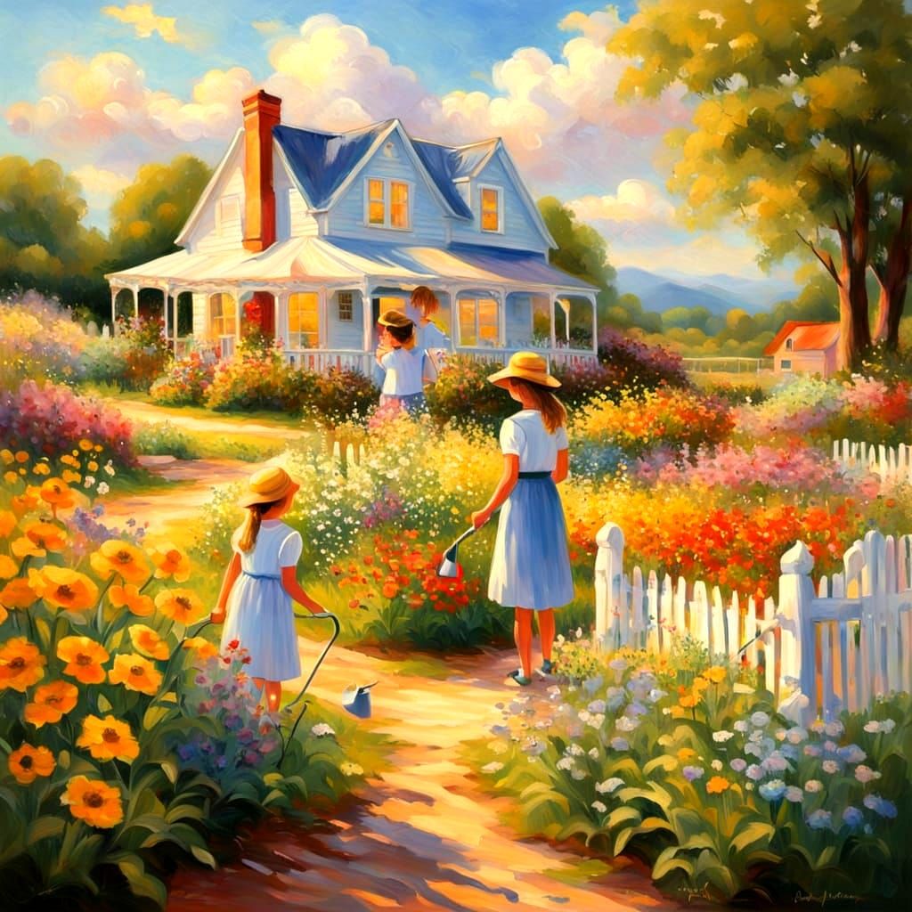 Mother and Daughter in a Whimsical Garden Scene