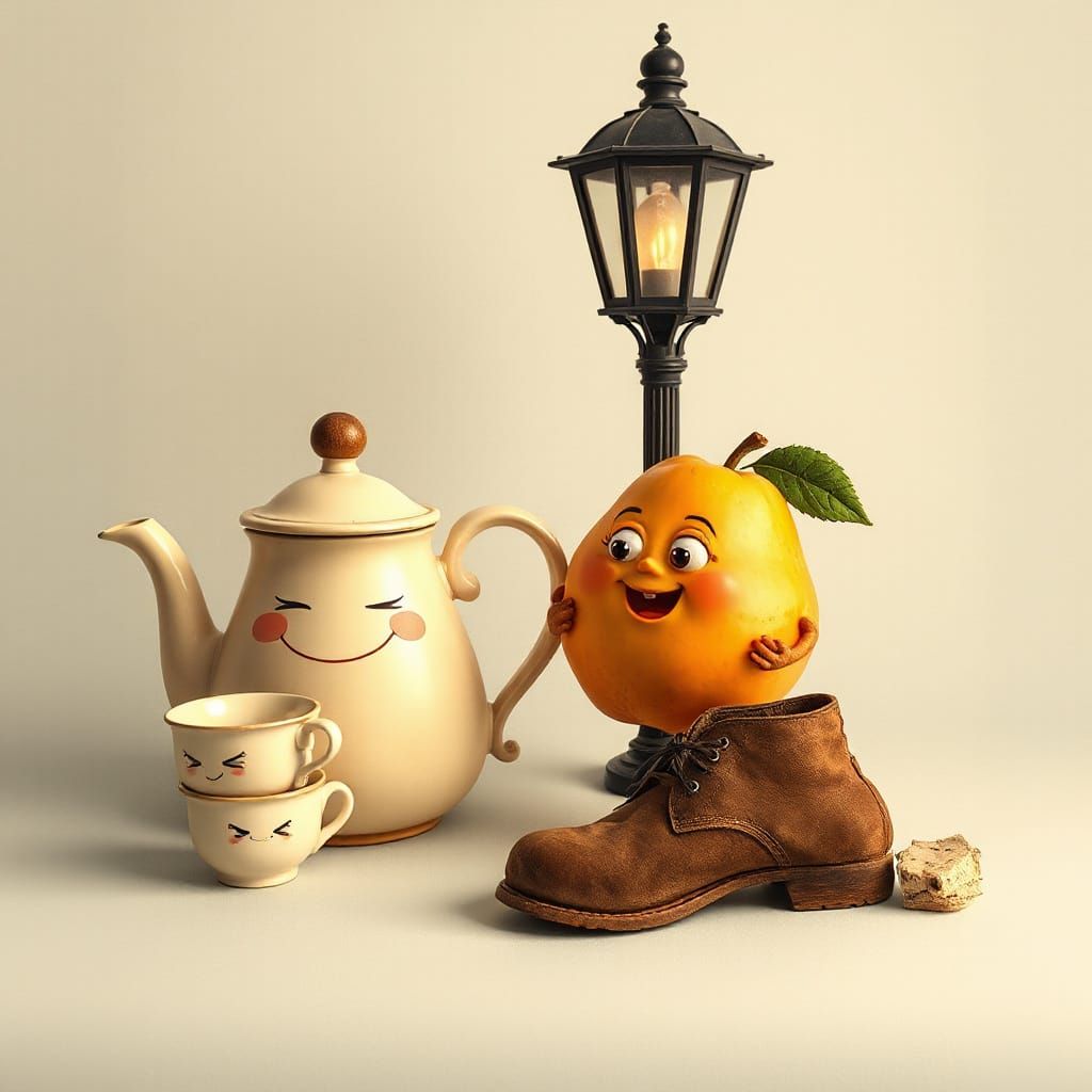 Charming Storybook Characters: Teapot, Streetlamp, Fruit, an...