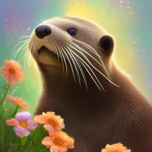Cute Otter Pup Portrait with Flowers, Hyperdetailed Art
