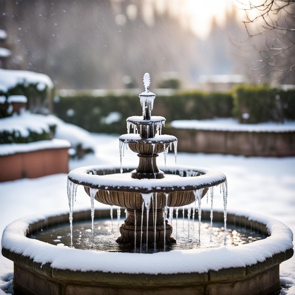 Frozen Fountain in Snowy Garden: Professional Photography