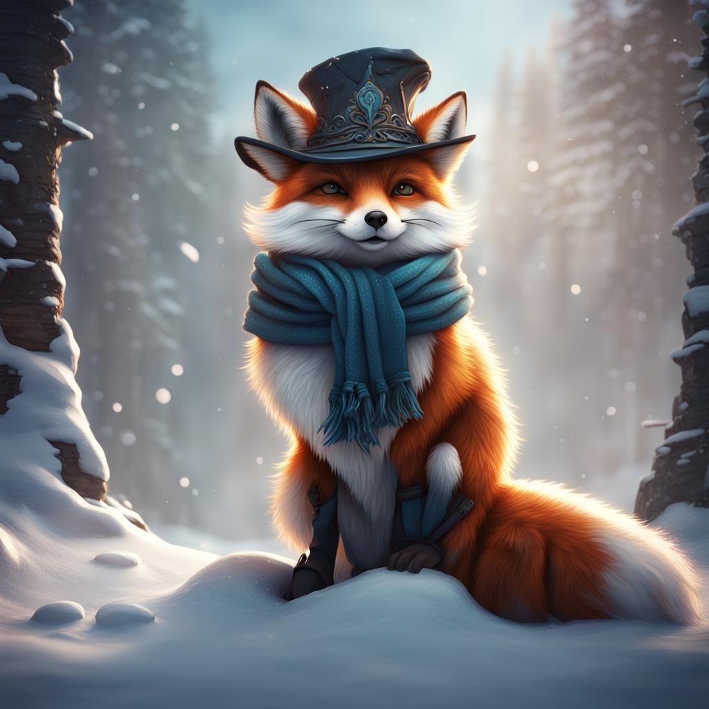 Snow Fox in Hat and Scarf: Detailed Matte Painting