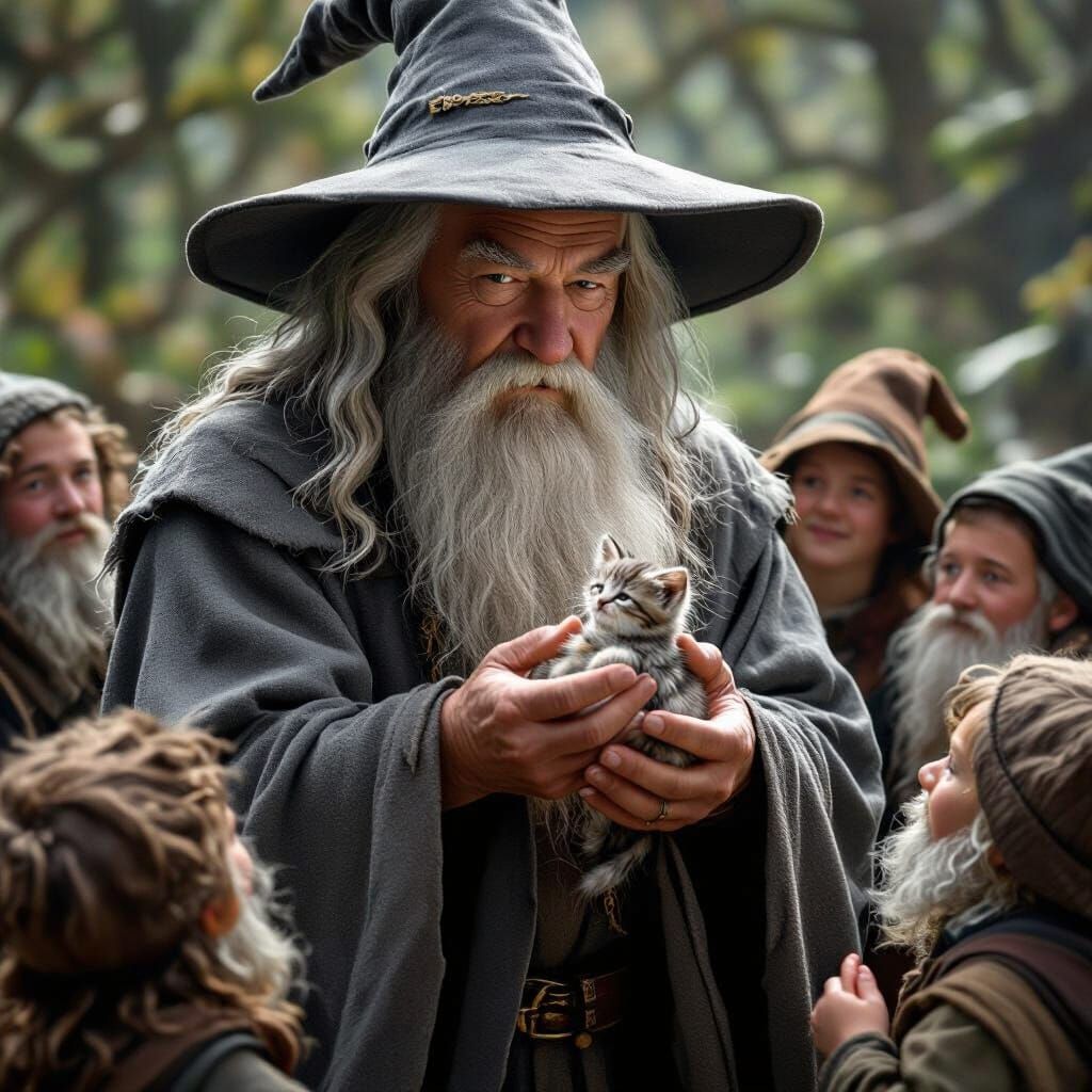 Wizard With Kitten and Awestruck Hobbits