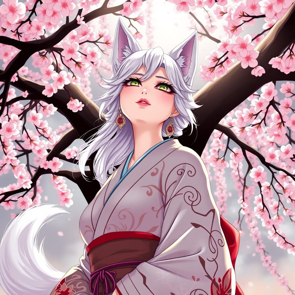 Elegant Anime Goddess with White Wolf Ears and Kimono