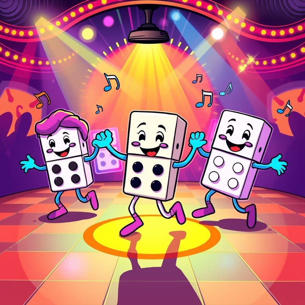 Dancing Dominoes in 80s Cartoon Style