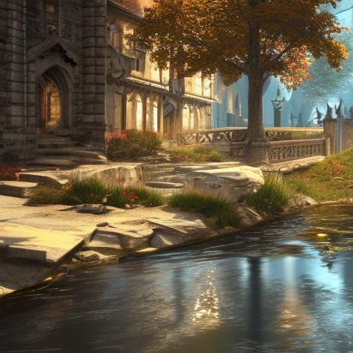 Gothic Town with Fantasy Castle Tower: Concept Art