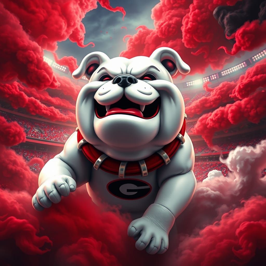 Joyful Georgia Bulldog Mascot in Whimsical Stadium
