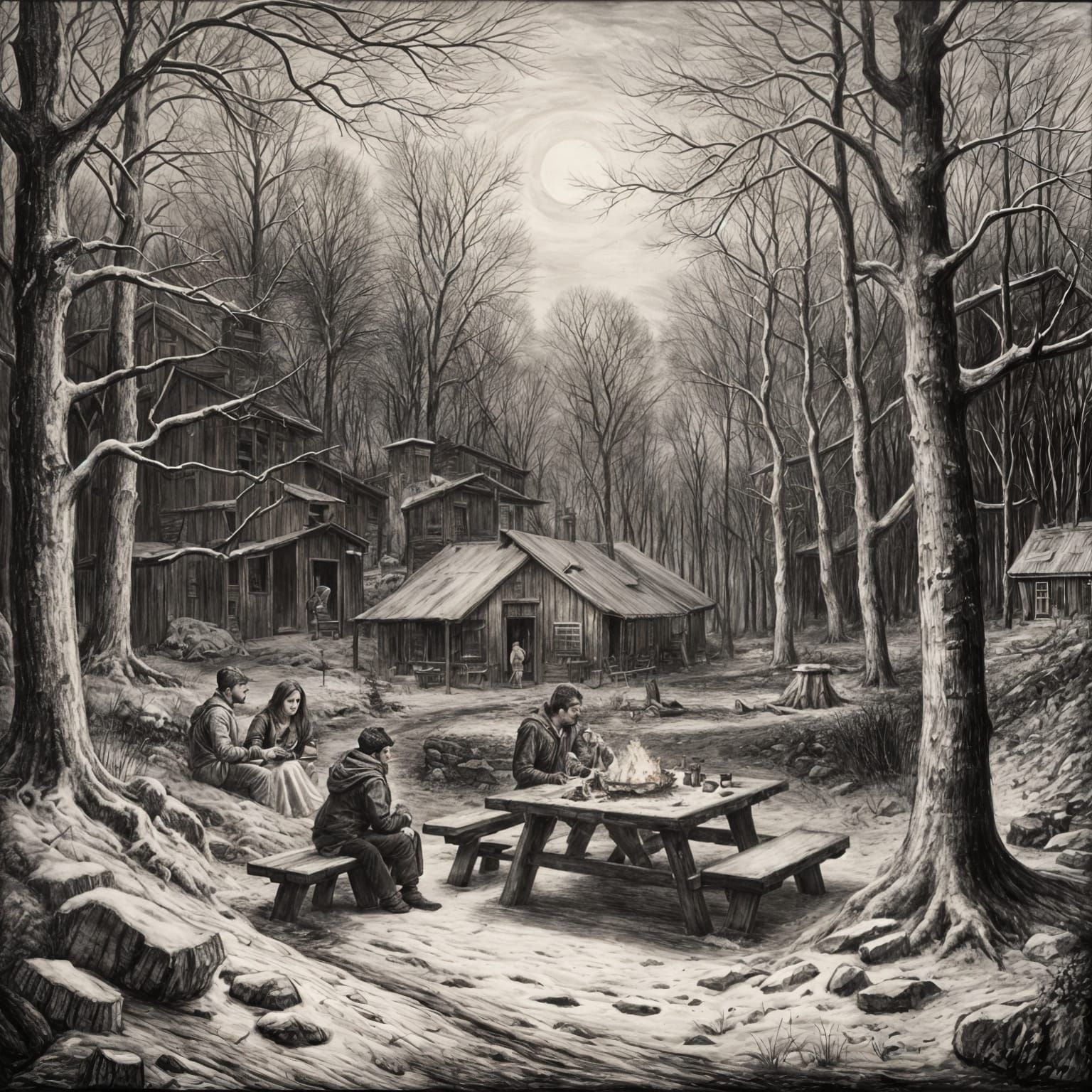 Couple's Winter Wonderland Camping Scene in Charcoal Drawing...