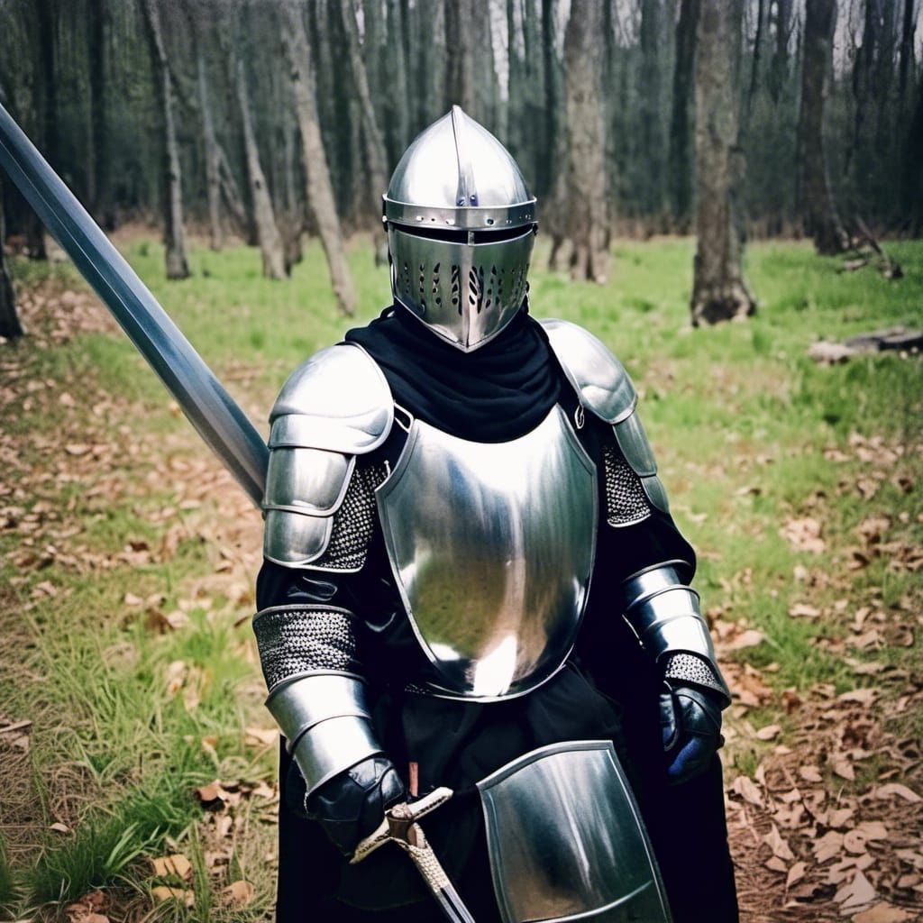 A knight in full shiny armor and a two handed sword