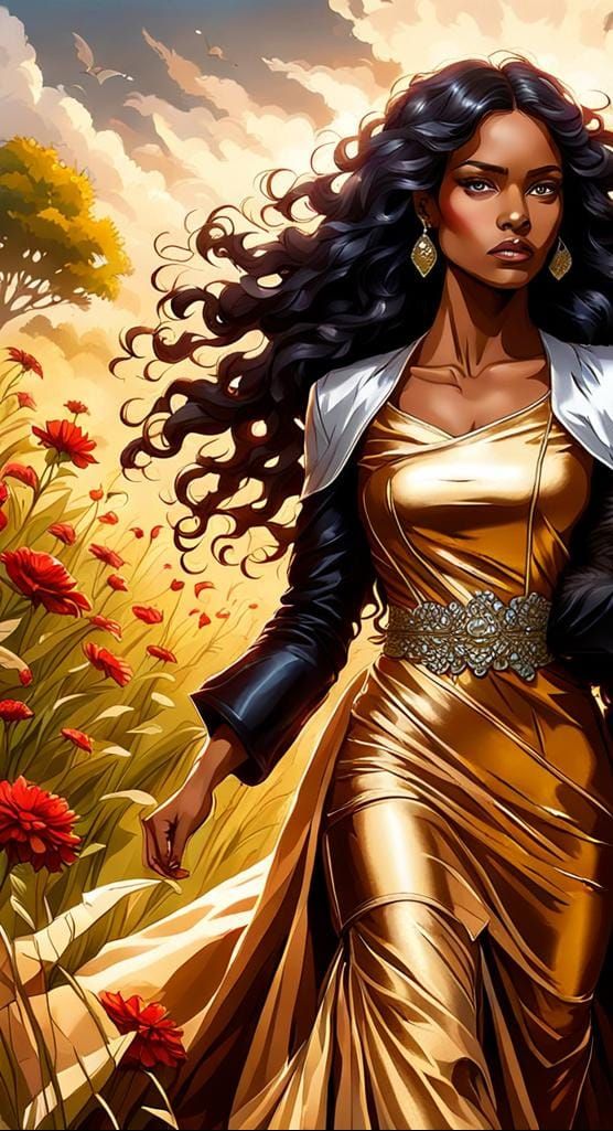 Feline Humanoid Carries Woman Across Floral Field