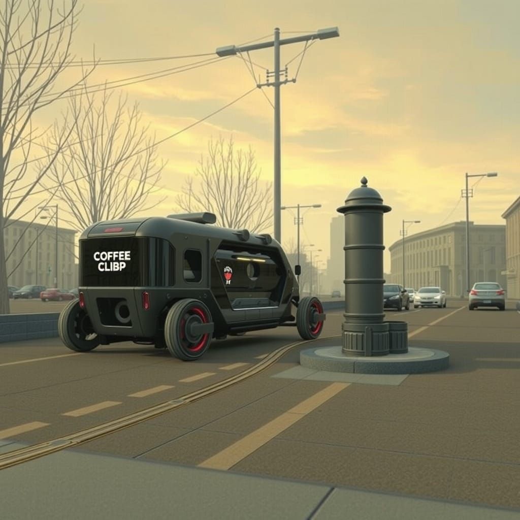 Futuristic Coffee Pod in Neon Cityscape