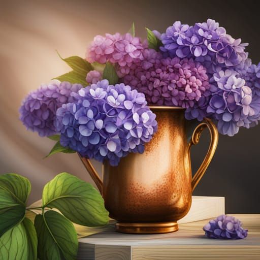 Copper Vase with Purple and Orange Hydrangeas