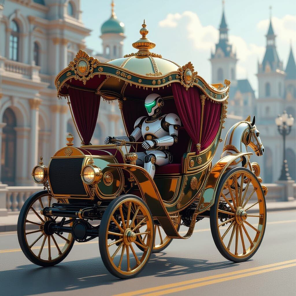 Robot in Ornate Royal Carriage: Cyberpunk Style