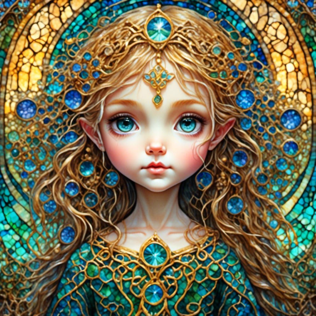 Chibi Celtic Goddess in Stained Glass Style