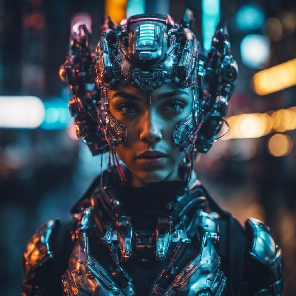 Cyborg Girl in Neon City, Hyperrealistic Portrait