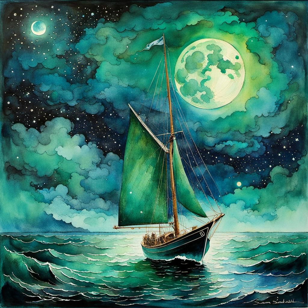 Emerald Sailboat at Night: Watercolor Masterpiece