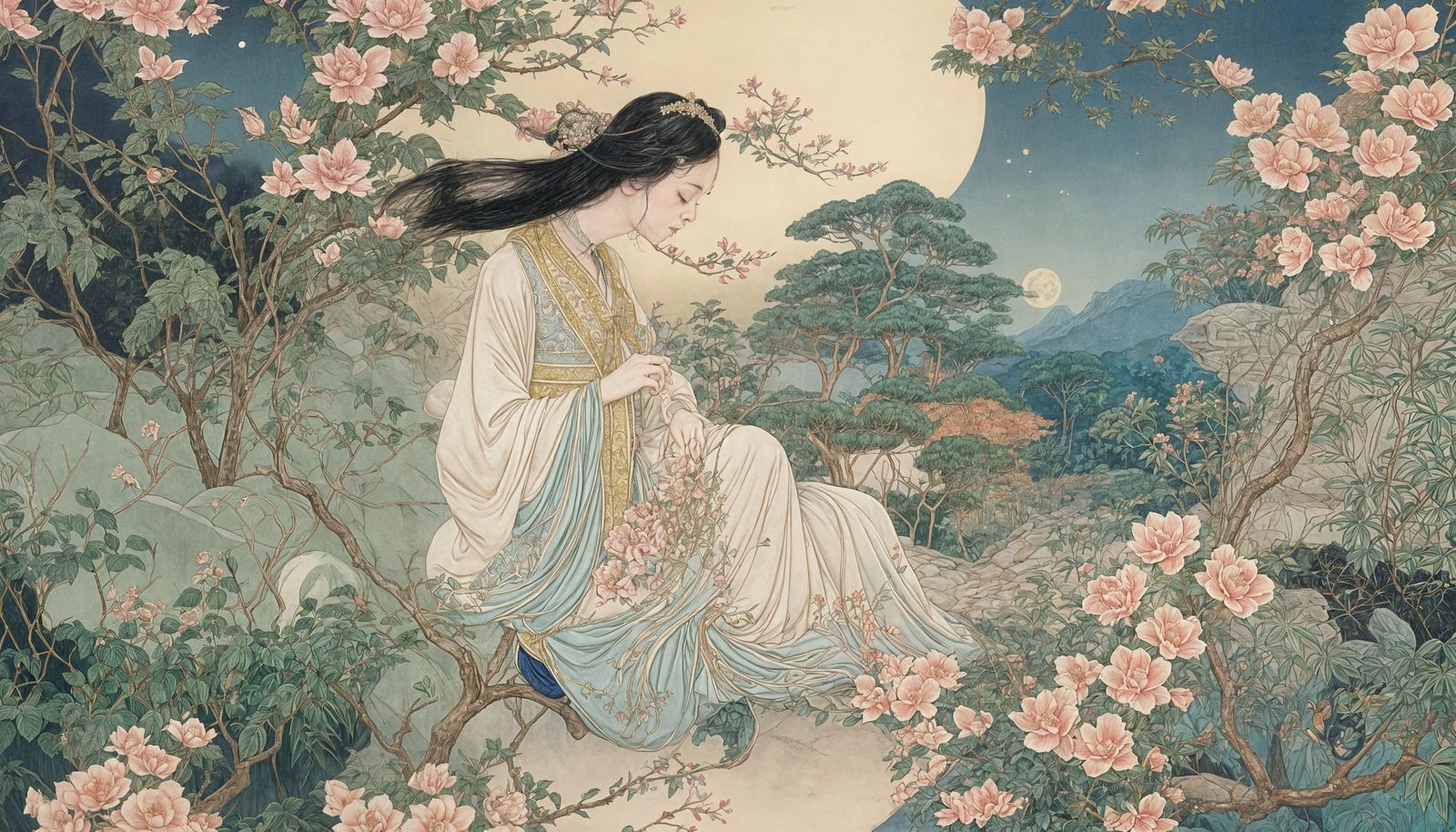 Woman in Moonlit Garden: Chinese Silk Lithograph