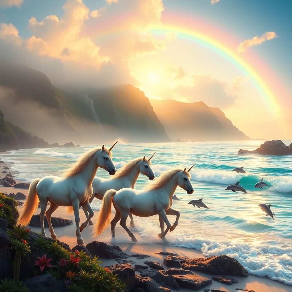 Unicorns and Dolphins on a Rainbow Beach