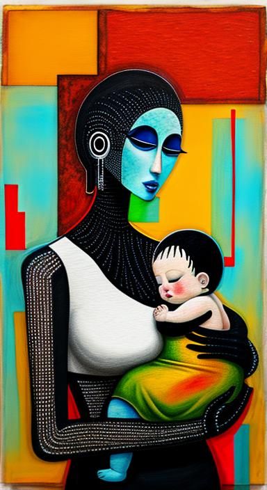 Abstract Mixed Media Mother and Baby Art