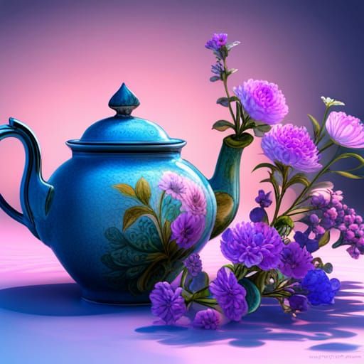 Blue Teapot with Flowers in Folk Art Style