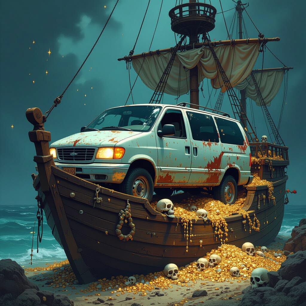 Pirate Minivan Amidst Treasure and Skeletons