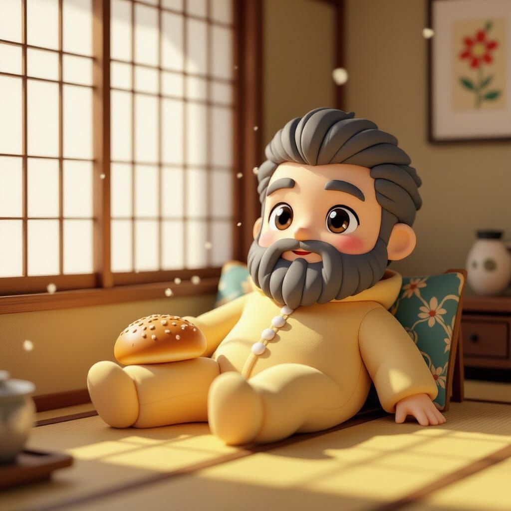 Chibi Man in Yakisoba Bread Onesie in Retro Japanese Apartme...