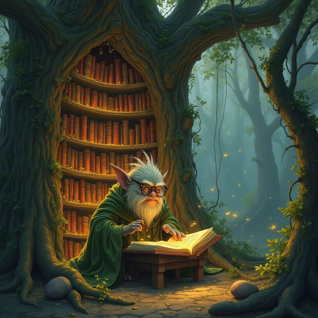 Troll Librarian in Magical Forest Library