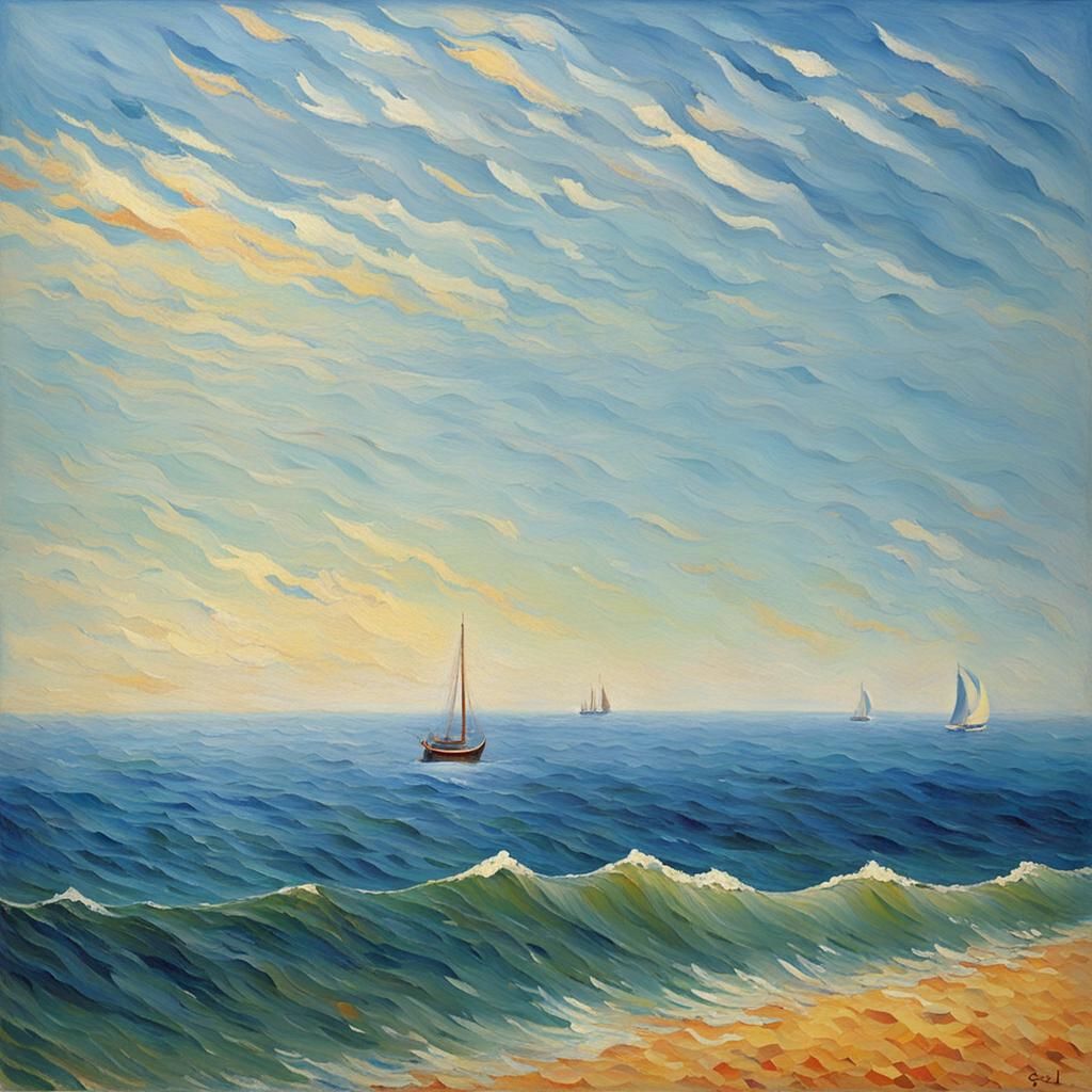 Seurat-Inspired Seascape with Ship on Summer Day