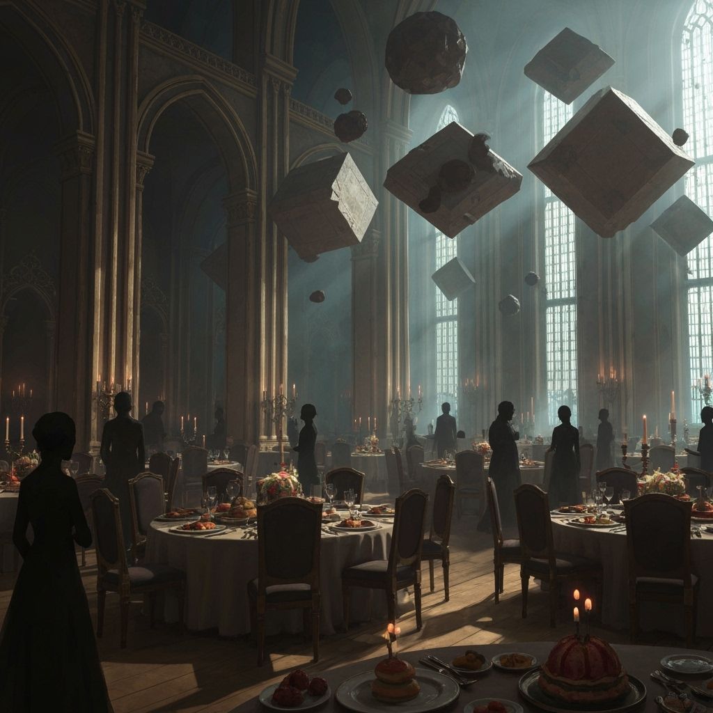 Mysterious Banquet Hall with Shadowy Figures and Abstract Sh...