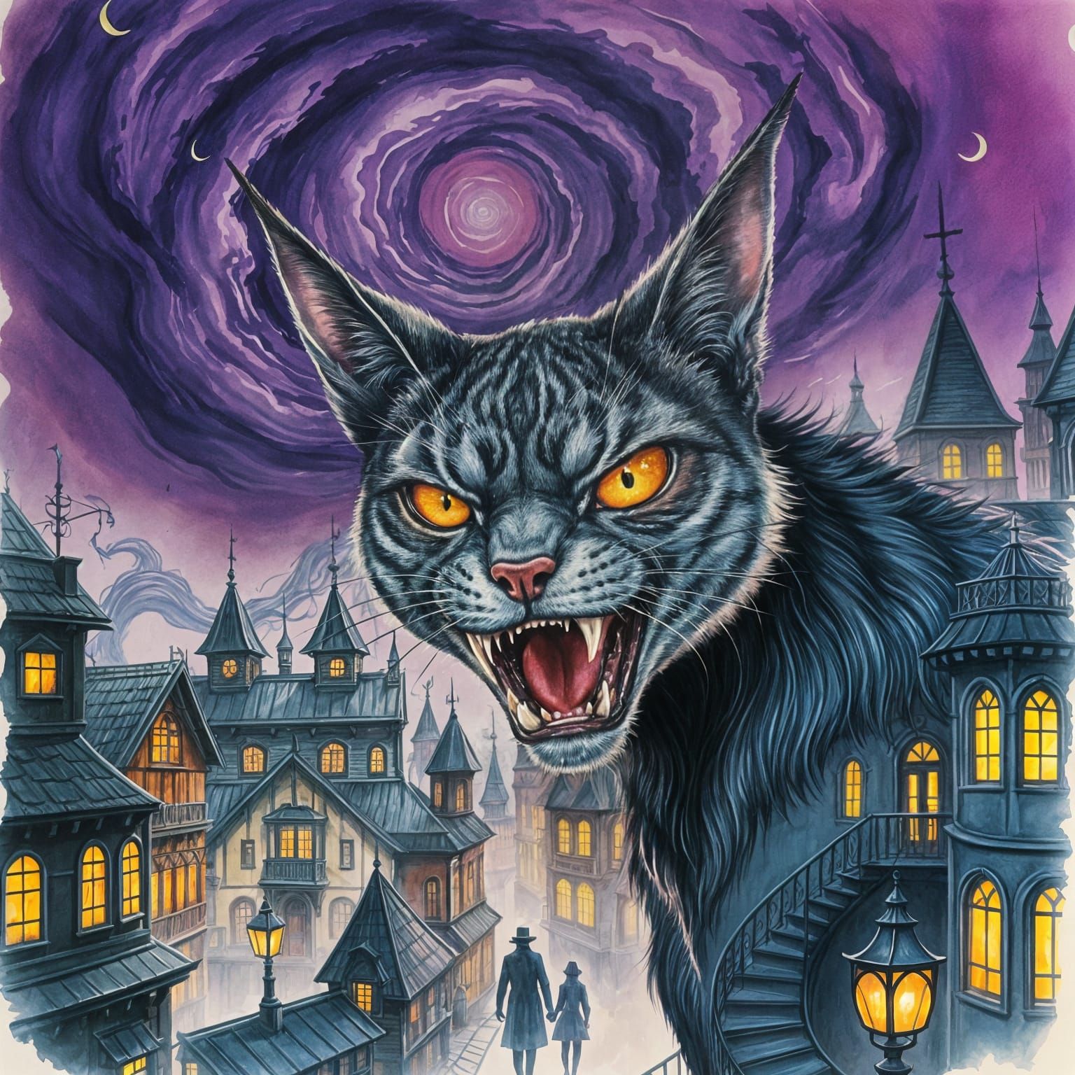 Vintage Watercolor Cat in Lovecraftian Cityscape