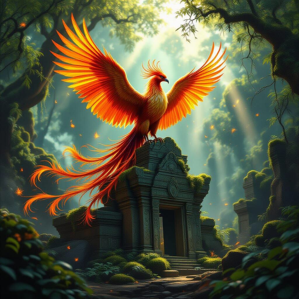 Majestic Phoenix on Ancient Temple Ruins