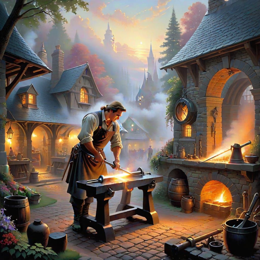 Blacksmith Forging Sword in Ethereal Fantasy Style