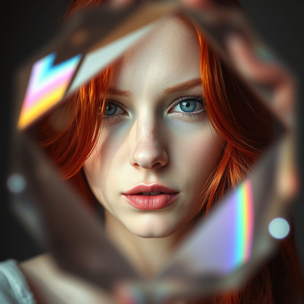 Refracted Redhead: Dreamy Prism Portrait in Charcoal