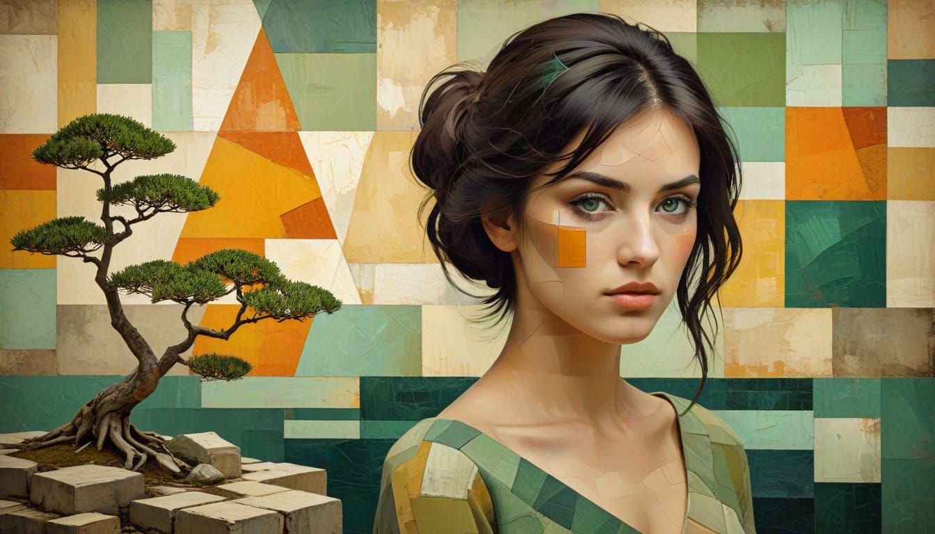 Contemplative Portrait in Vintage Cubist Style