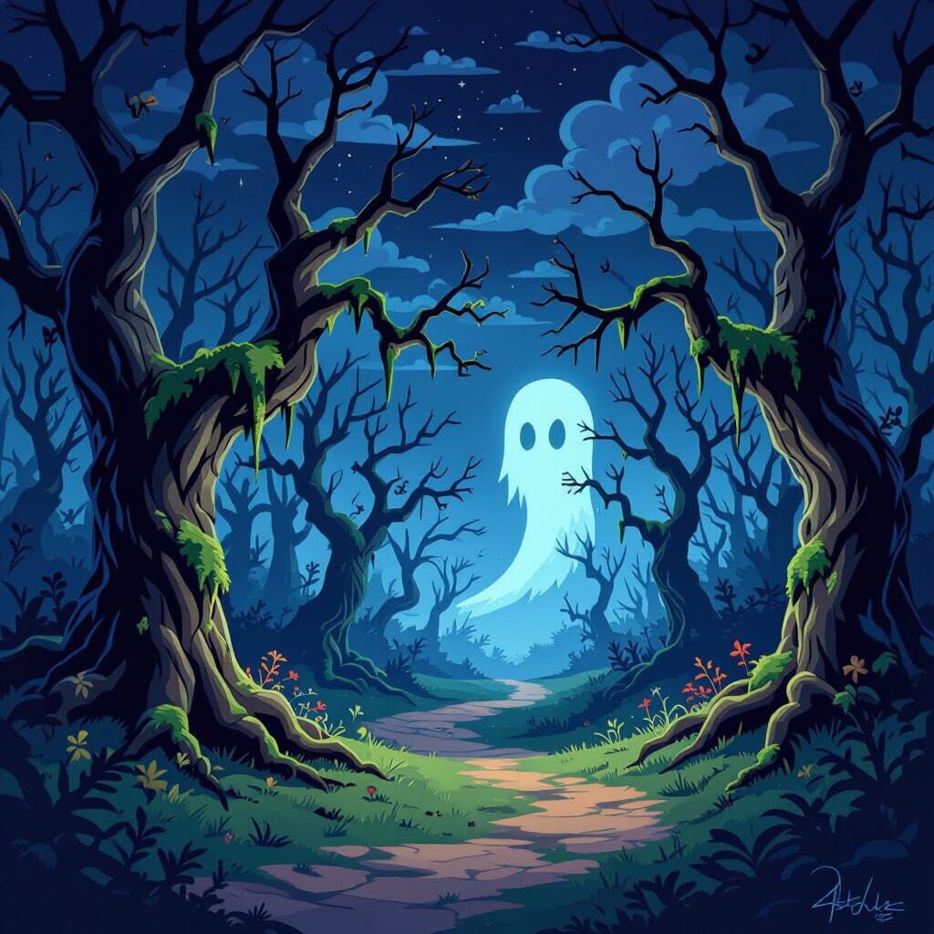 Spooky Cartoon Forest Pathway Leading to Ghostly Light