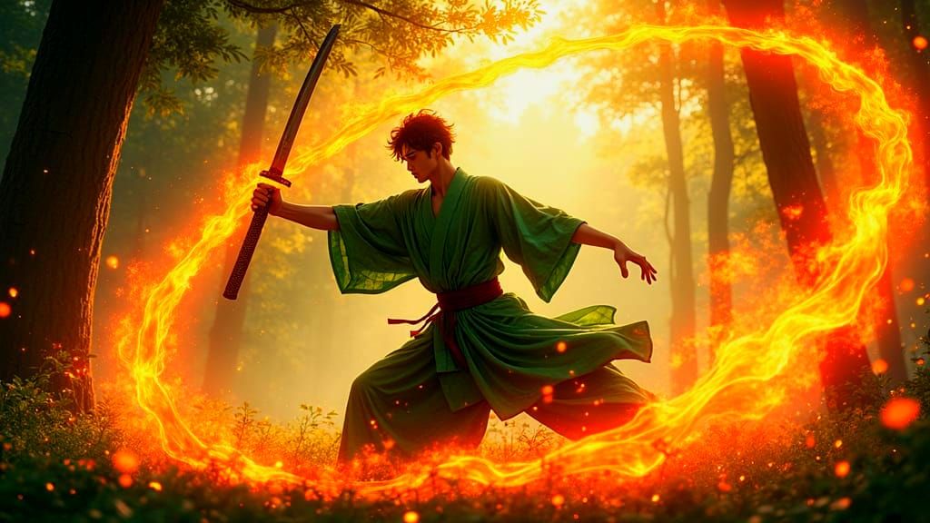 Tanjiro Kamado Wielding Sun Sword in Anime Style