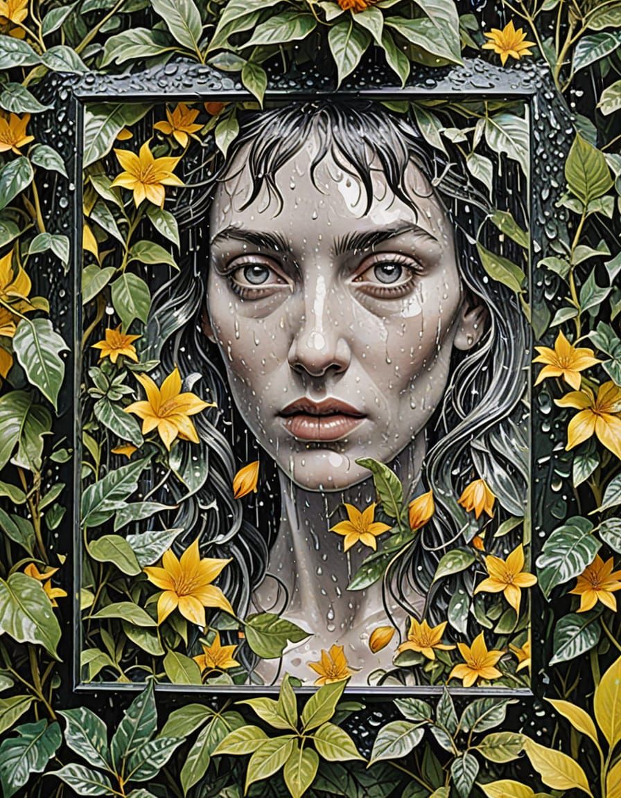 Surreal Rainforest Mirror Scene in Escher Style