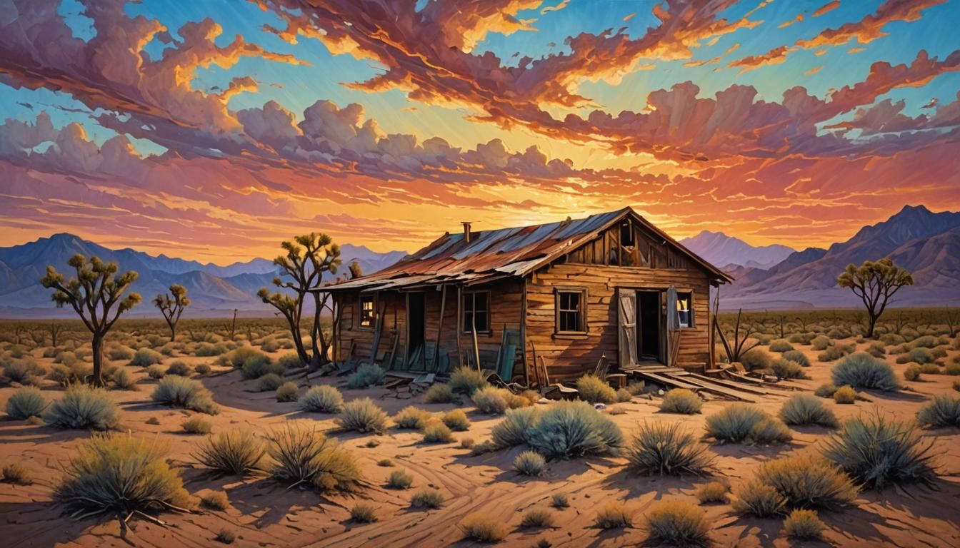 Desert Sunset Shack in Neo-Impressionist Style