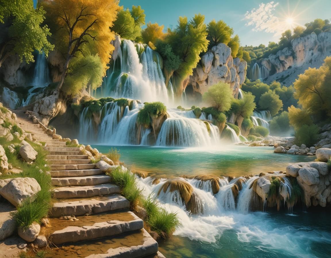 Dreamlike Krka Waterfall Digital Matte Painting