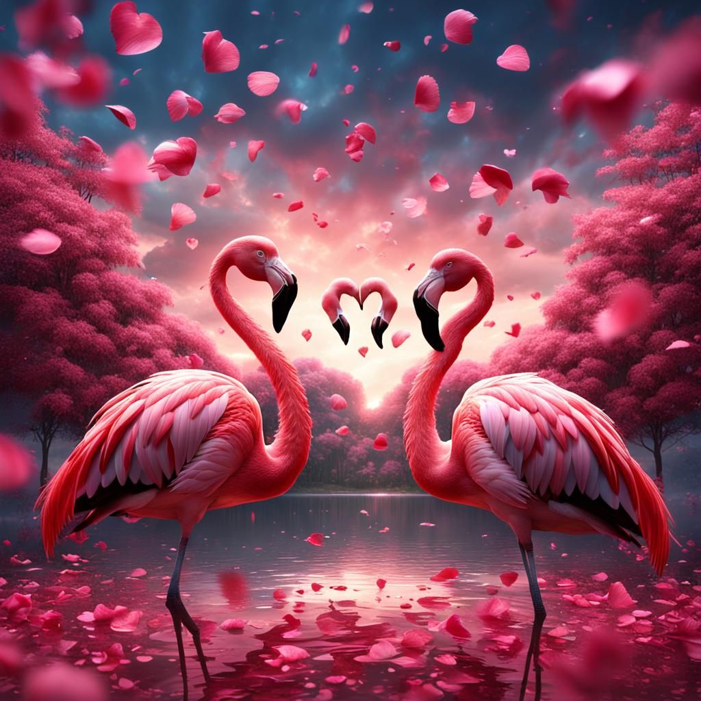 Flamingo Heart with Rose Petals: Fantasy Concept Art