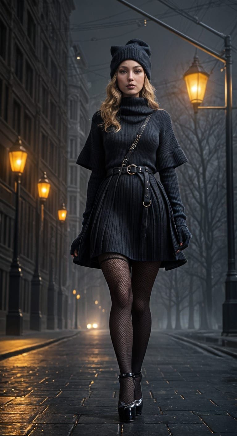 Stylish Figure in Platform Heels and Knit Cap