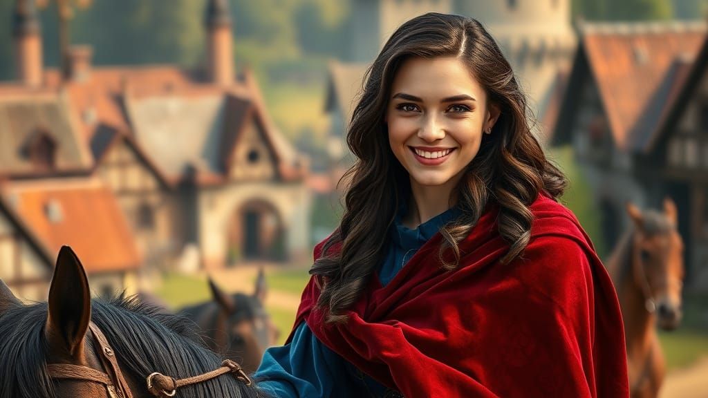 Fantastical Medieval Maiden Riding Horse Through Village