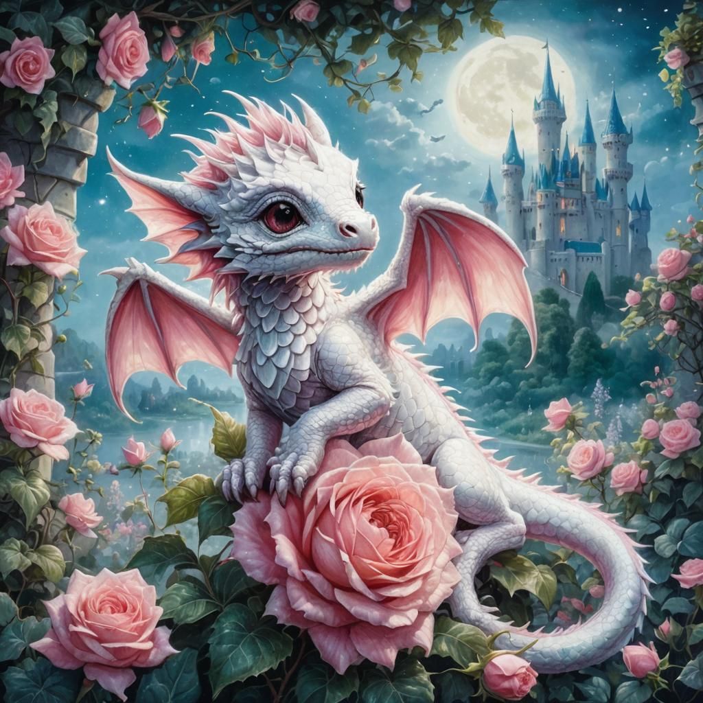 Tiny Dragon with Pink Mane in Fairytale Garden