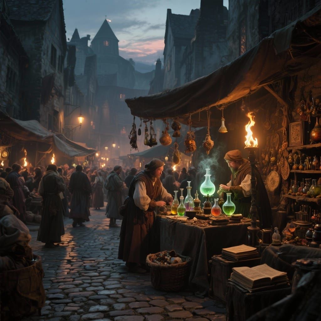 Medieval Marketplace at Dusk with Alchemist Stall