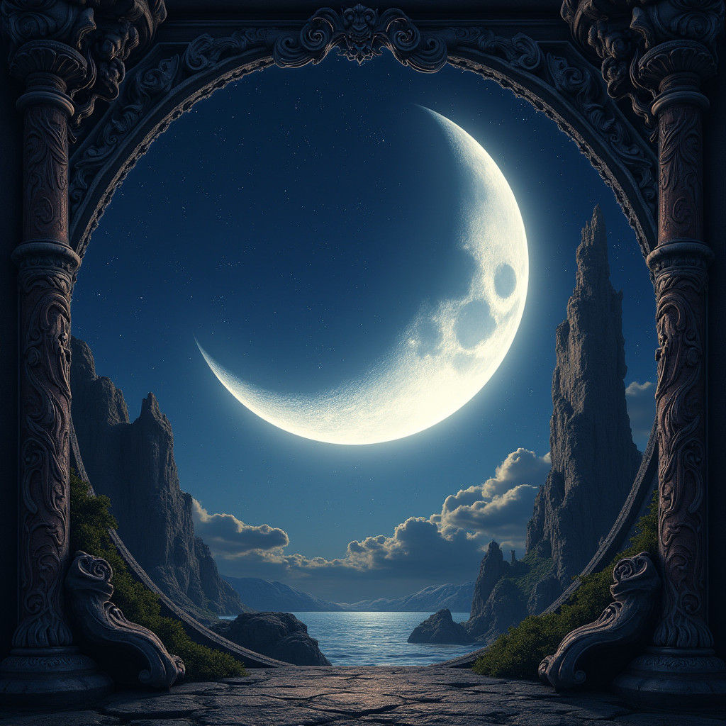 Crescent Moon in Baroque Frame, Dreamlike Matte Painting