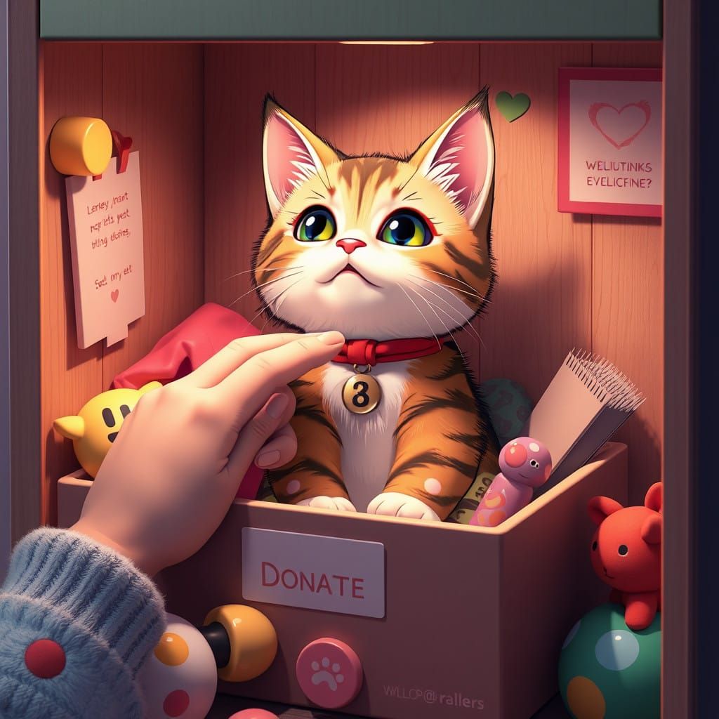 Cozy Cat in Donations Box, Anime Art