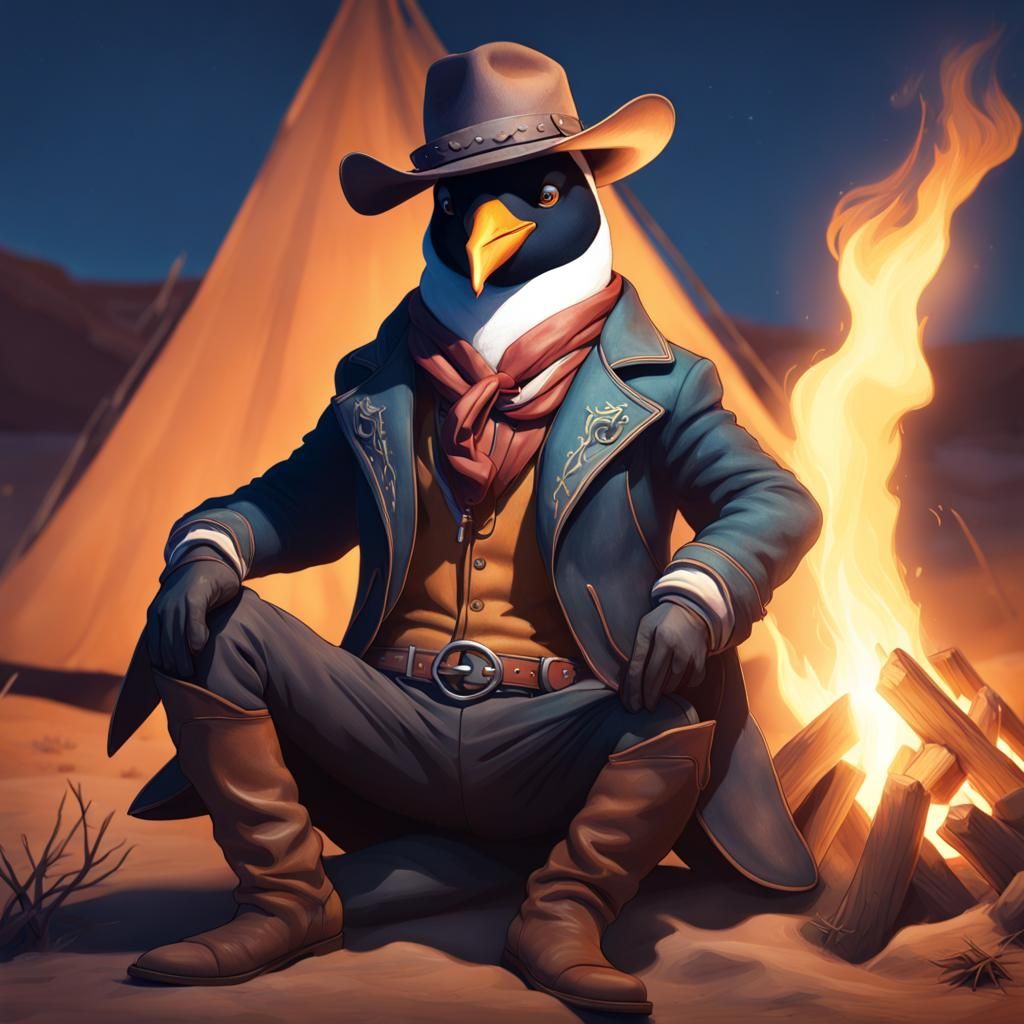 Penguin Cowboy at Campfire, Hyperdetailed Portrait
