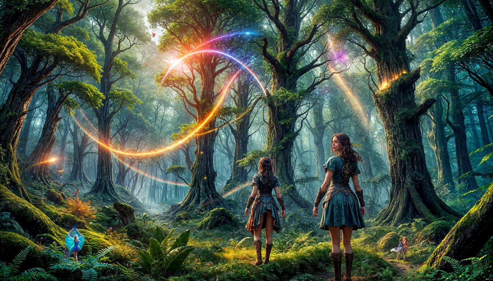 Girl Catches Rainbow Light in Ancient Forest